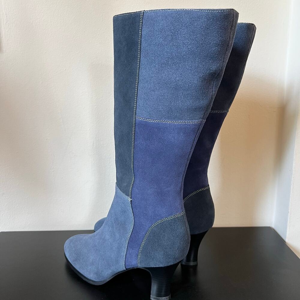 AJ Valenci Patchwork Blue Genuine Suede Leather Almond Toe Heeled Boots 8M - Picture 3 of 7